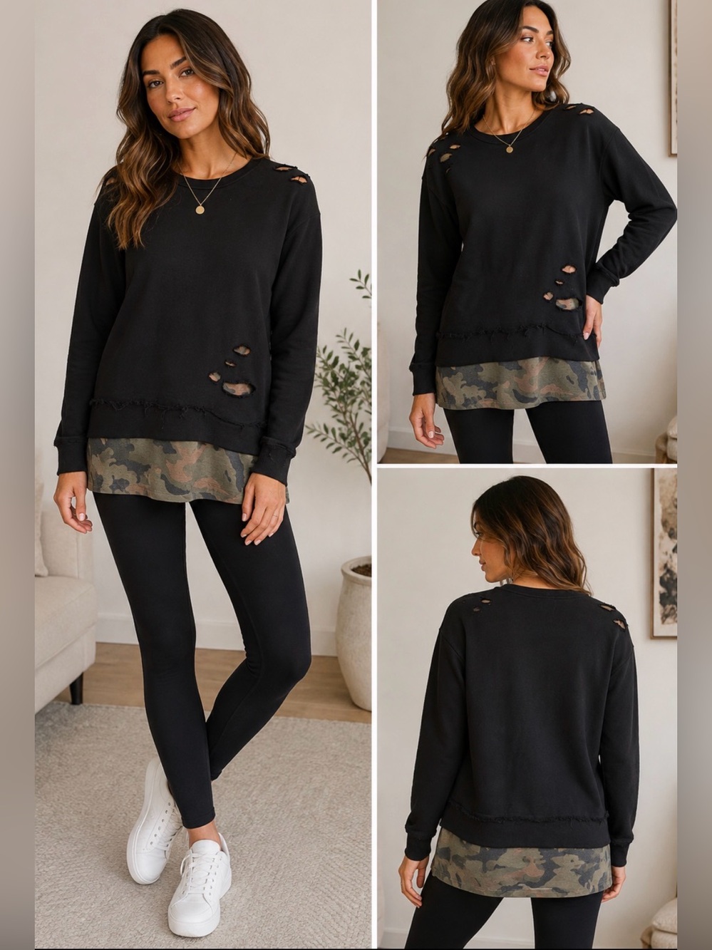 Generation Love Black Distressed Camo Layered Sweatshirt Size M